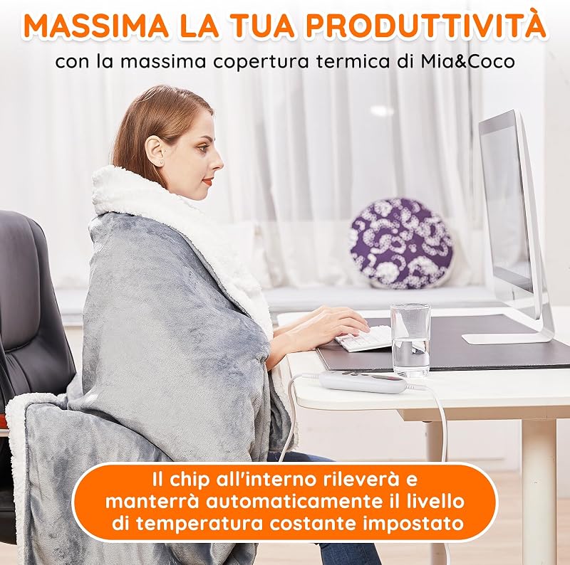 Coperta Elettrica Termica Riscaldata, Lavabile in Lavatrice, con Telecomando Digitale, Flanella Sherpa 130x160 cm, 10 livelli e 1~9 ore di spegnimento automatico, lavabile in lavatrice