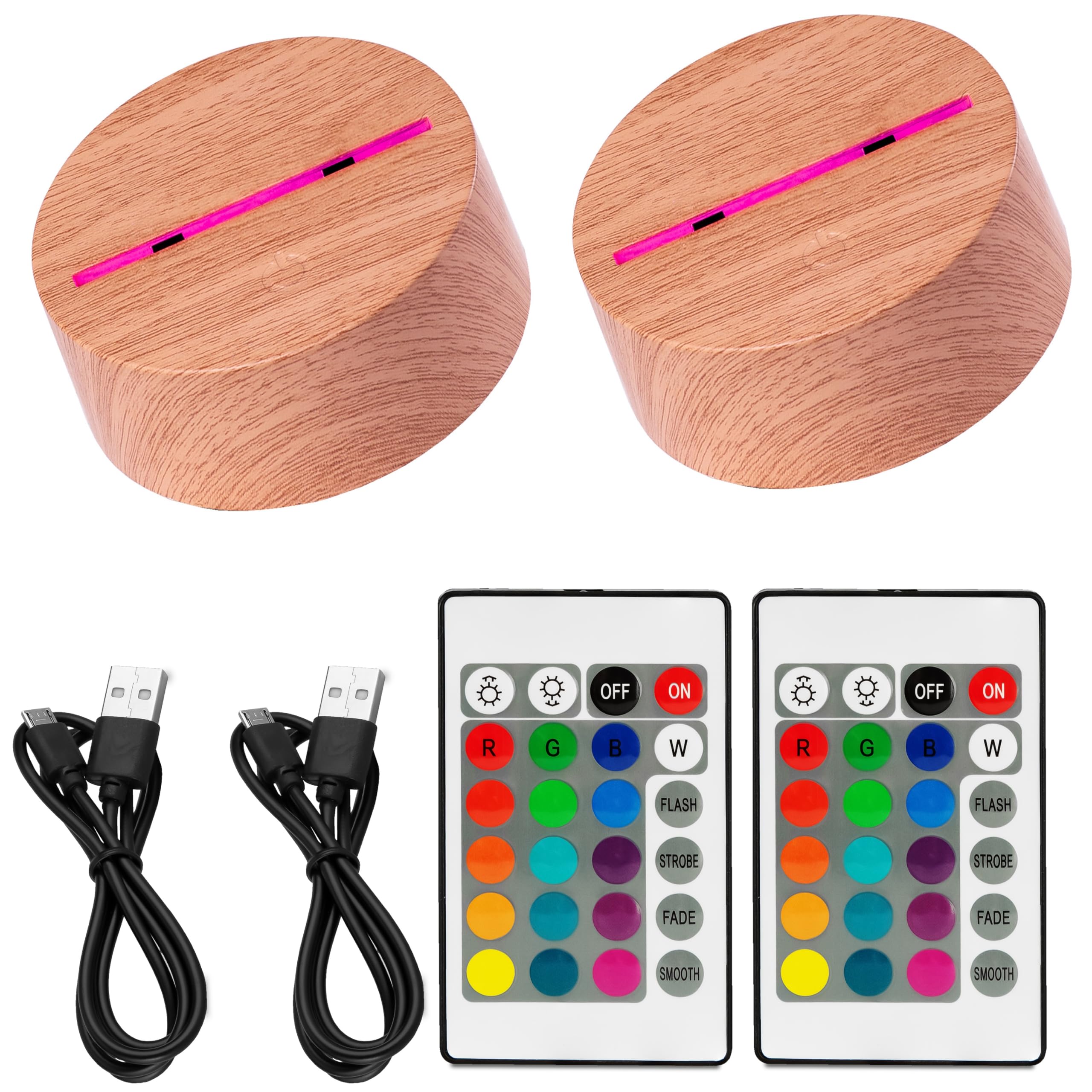 2 x 3D LED Light Base Night Light Lamp Base in Wood Look as Replacement or Build Yourself Includes Remote Control USB Cable 3D Illusion Lamp 7 Colours as Decorative Light Base for Maker (2 Wood Look)