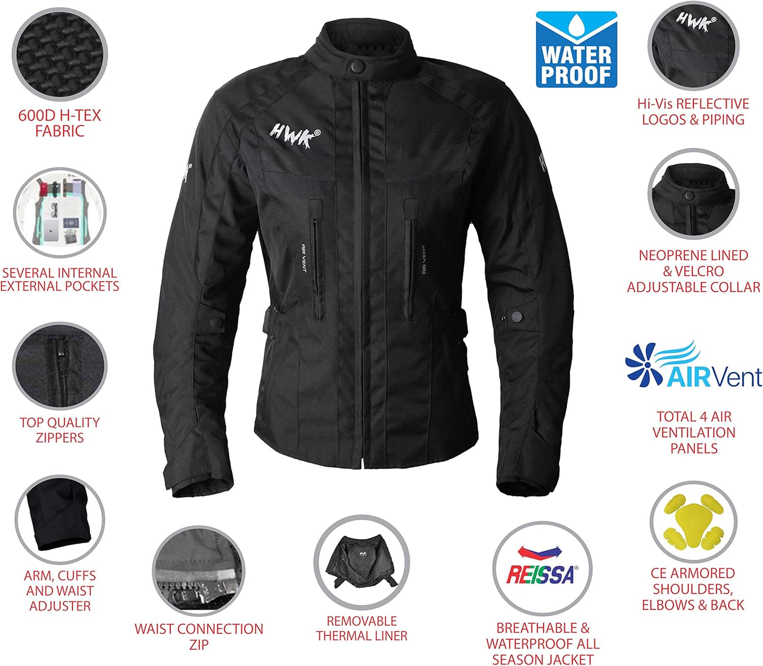 Women's Motorcycle Jacket For Women Stunt Adventure Waterproof Rain Jackets CE Armored Stella (All-Black, L): Automotive