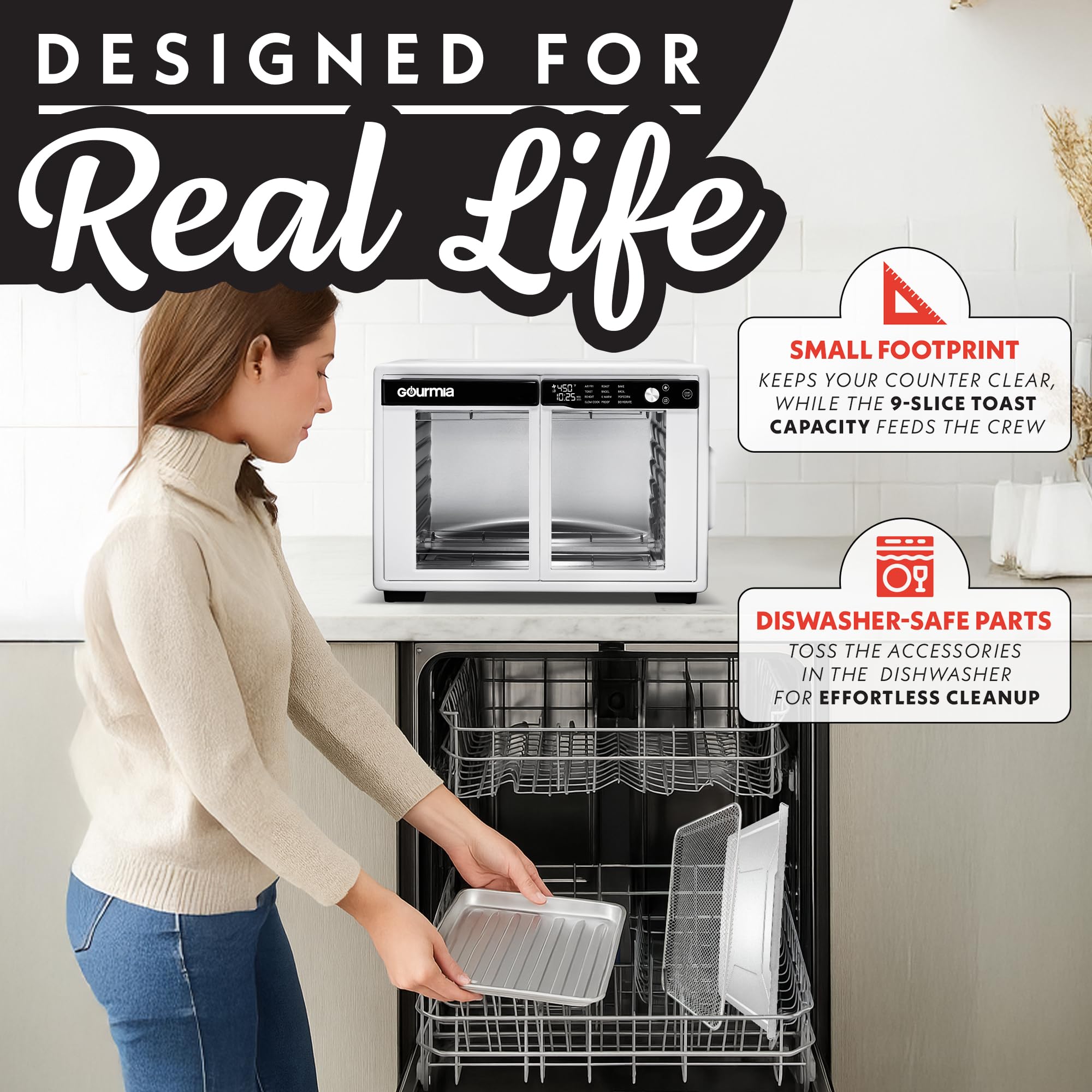 Gourmia Horno freidora de aire digital con puerta francesa - Capacidad XL 37QT, 12 presintonías, tecnología FryForce 360°, deshidratación, prueba, cocción lenta, se adapta a pizza de 13", 1700W, blanco