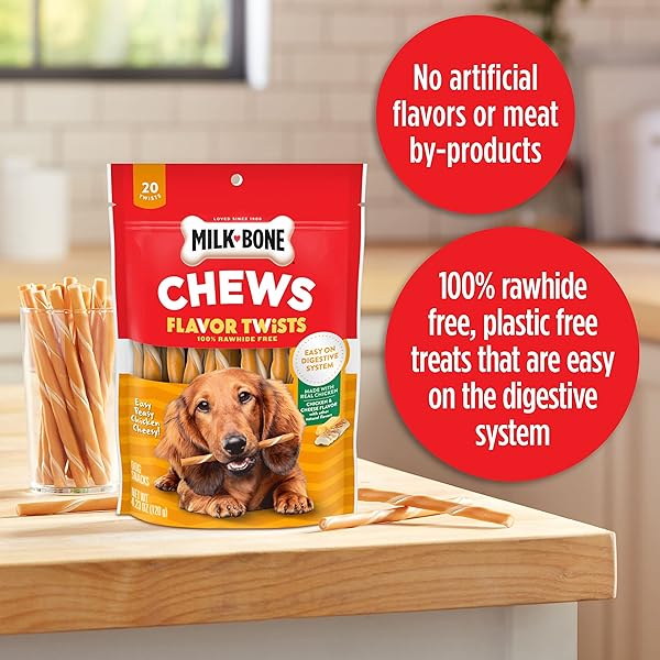 MILK-BONE EASY PEASY CHICKEN CHEESY FLAVOR TWISTS, RAWHIDE FREE DOG CHEWS, BAG OF 70