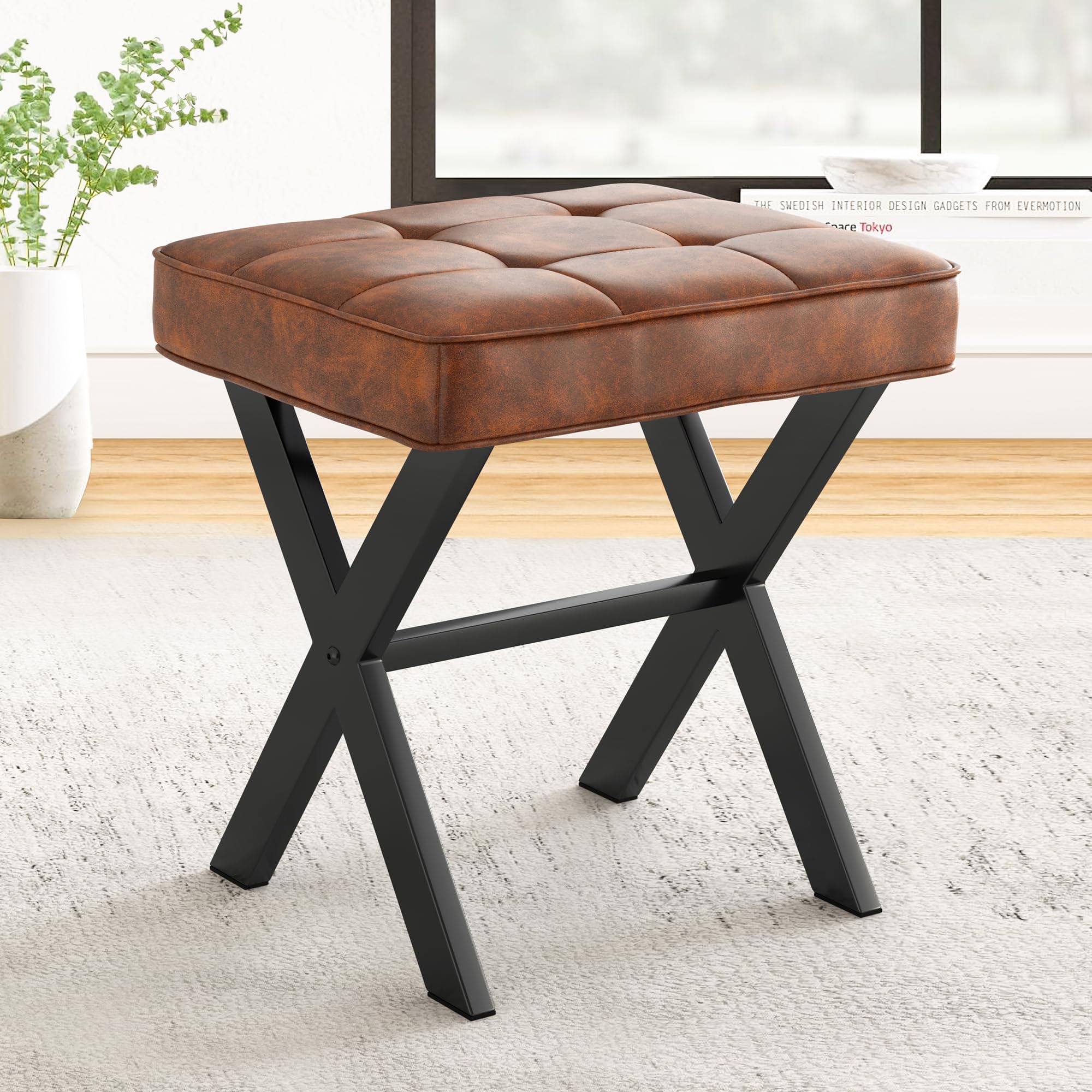 Photo 1 of LUE BONA Vanity Stool, Square Faux Leather Makeup Stool with Metal X Legs, Small Ottoman Stool Chair for Vanity, Modern Padded Vanity Seat Foot Rest Stool for Makeup Room, Living Room, Reddish Brown