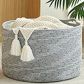 KAKAMAY Large Blanket Basket (20"x13"),Woven Baskets for storage Baby Laundry Hamper, Cotton Rope Blanket Basket for Living Room, Laundry, Nursery, Pillows, Grey with Blue & Brown Dotted
