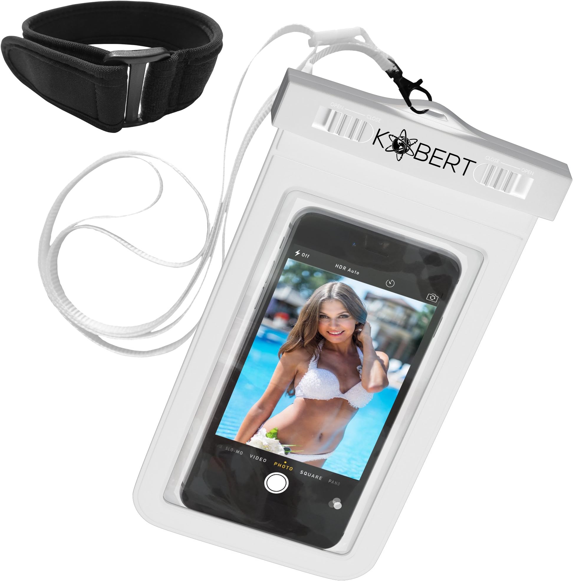 Kobert Waterproof Cell Phone Case (Pro White), Dry Bag Pouch for iPhone 8, 8 Plus, X, 6s, 6s Plus Samsung Galaxy s7, s7 Edge, s6, Any Phone up to 6 Inches - White Strap and Armband