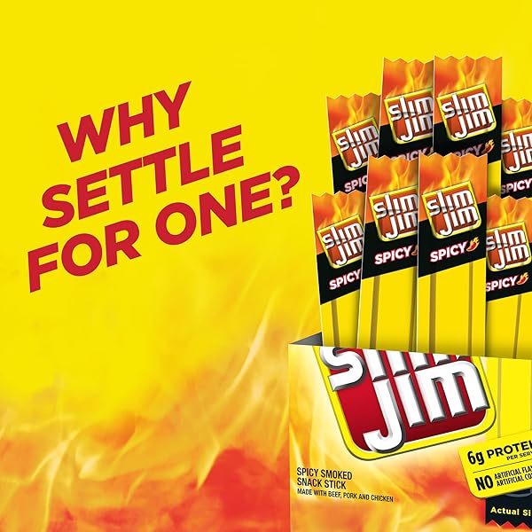 SLIM JIM SMOKED MEAT STICKS, SPICY FLAVOR, 6G PROTEIN PER SERVING, SNACK SIZE, 0.28 OZ. (14 COUNT)