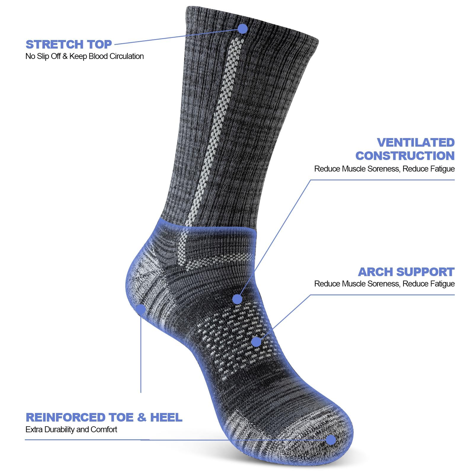 Men's Cotton Crew Work Socks, 5 Pairs Cushioned Boot Moisture Athletic Socks for Hiking Sports Running