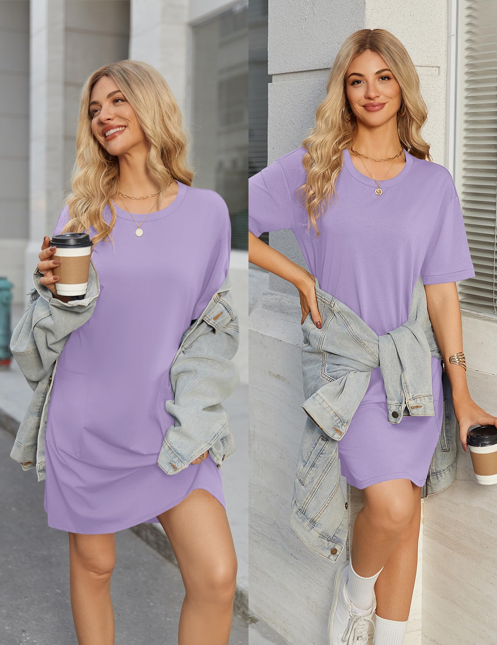 Ekouaer Cotton Nightgowns for Women Short Sleeve Sleep Shirts Crew Neck Night Dress Nightshirt with Pockets, Lilac, L