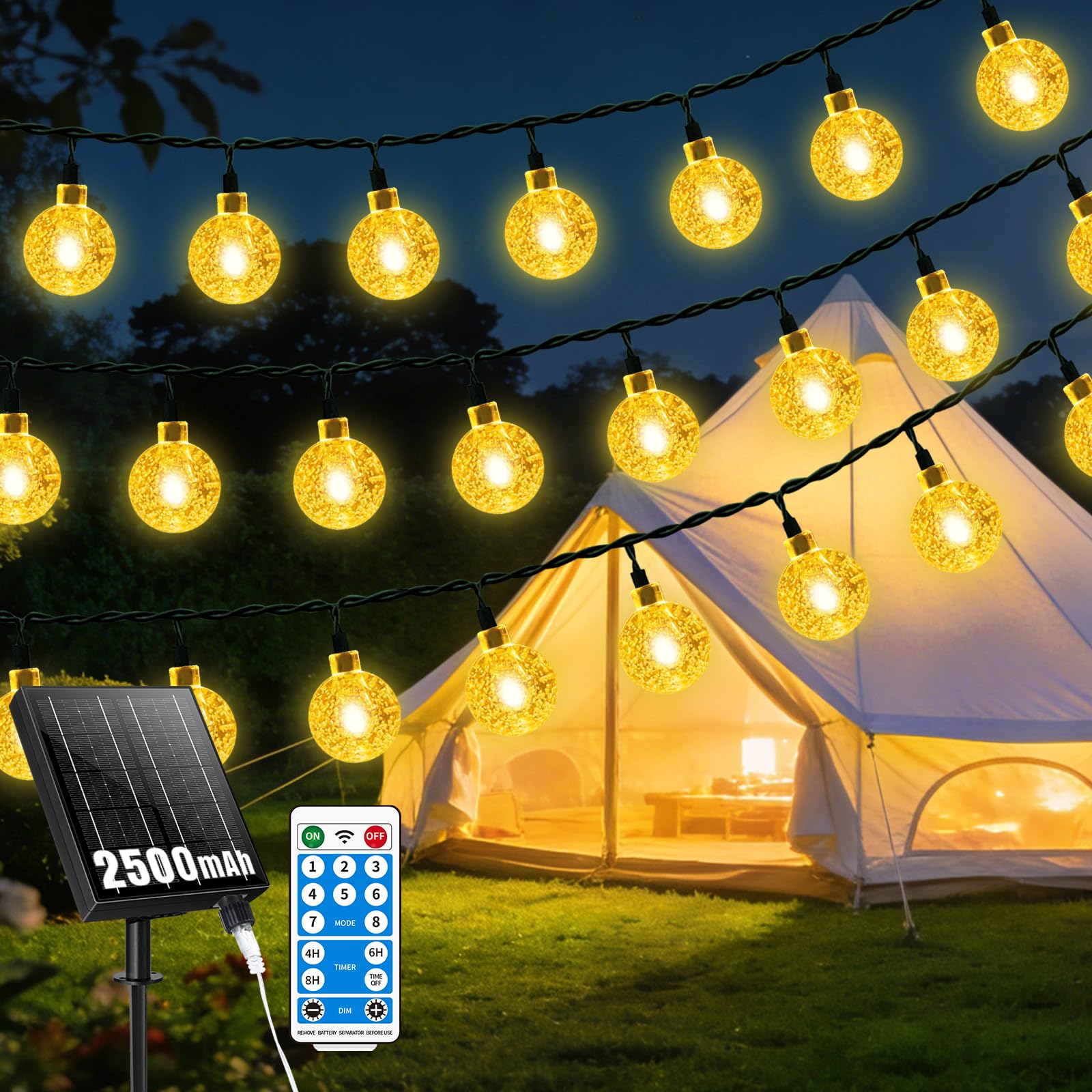 RJEDL Solar Fairy Lights, 11M/36ft 60LED Outdoor Fairy Lights Solar Powered Waterproof 8 Modes with Remote Control Solar Outdoor StringLights for Garden Gazebo Festival (Warm White)