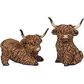 YeehaWhoo 2pcs Highland Cow Figurines for Home, 5Inch Highland Cows Decor for Table Kitchen Book Shelf Bathroom Farmhouse, Highland Cow Gifts for Women and Kids