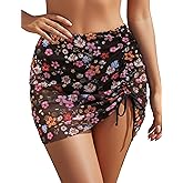 Blooming Jelly High Waisted Swim Skirt Tummy Control Swim Bottoms Mesh Ruched Drawsting Bathing Suit