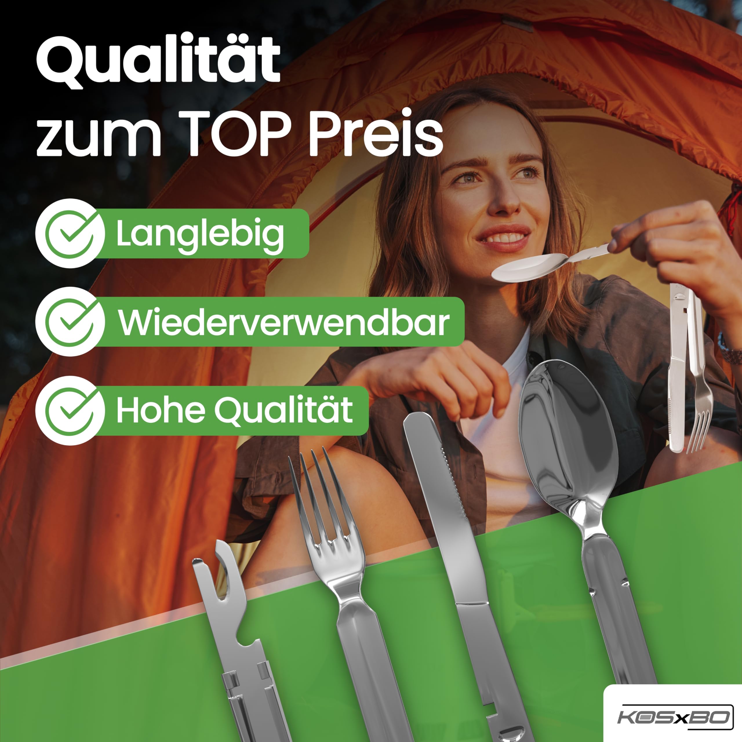 BUNDESWEHR EDELSTAHL BESTECK CAMPINGBESTECK 4-TEILIG CAMPING BESTECKSET ALS ESSBESTECK FESTIVAL OUTDOOR BESTECK 9
