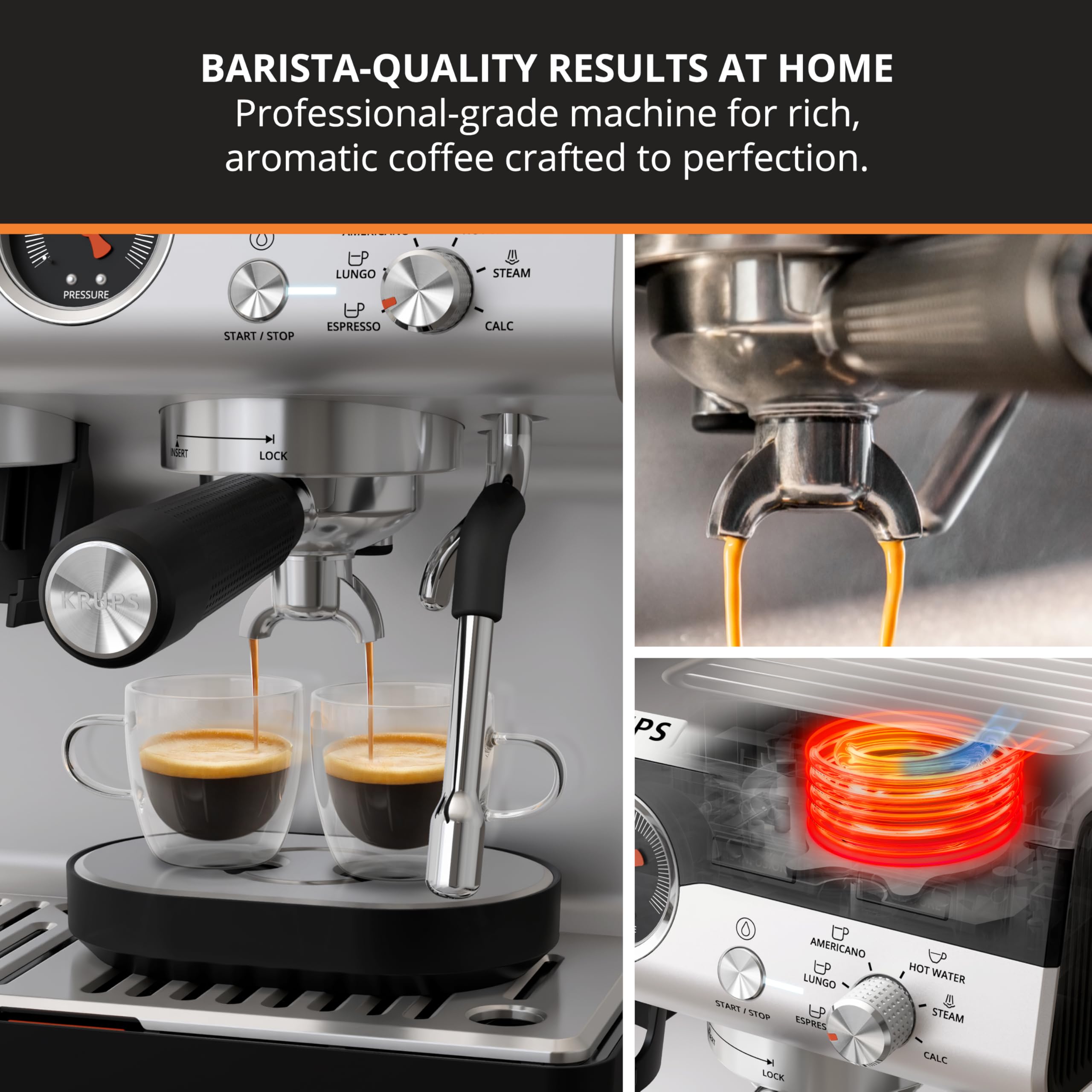 KRUPS Máquina de café expreso de precisión con molinillo, máquina para hacer café con leche y capuchino, presión de bomba + varilla de vapor de espumador de leche, ajustes de molienda ajustables para resultados de calidad de barista, acero inoxidable y negro