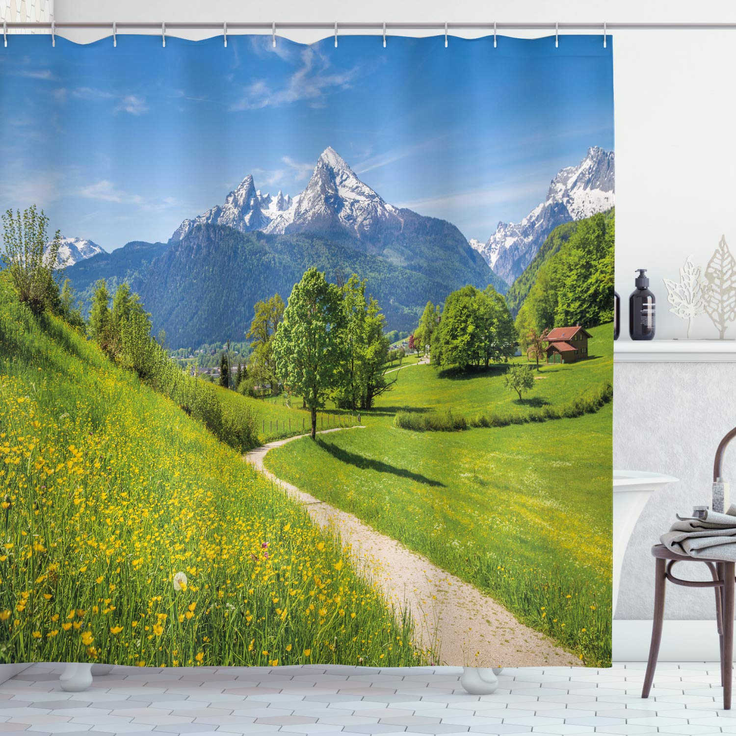 ABAKUHAUS Landscape Shower Curtain, Wildflowers in the Alps and Snow-capped Mountains National Park Bavaria Germany, Cloth Fabric Bathroom Decor Set with Hooks, 78 Inches, Yellow Green