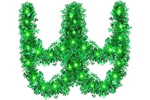 Gloreyan 33FT St. Patrick's Day Tinsel Garland with LED Lights Prelit Green Shamrock Clover Metallic Twist Garland Battery Operated Hanging Garland for Tree Irish Festival Party Decoration