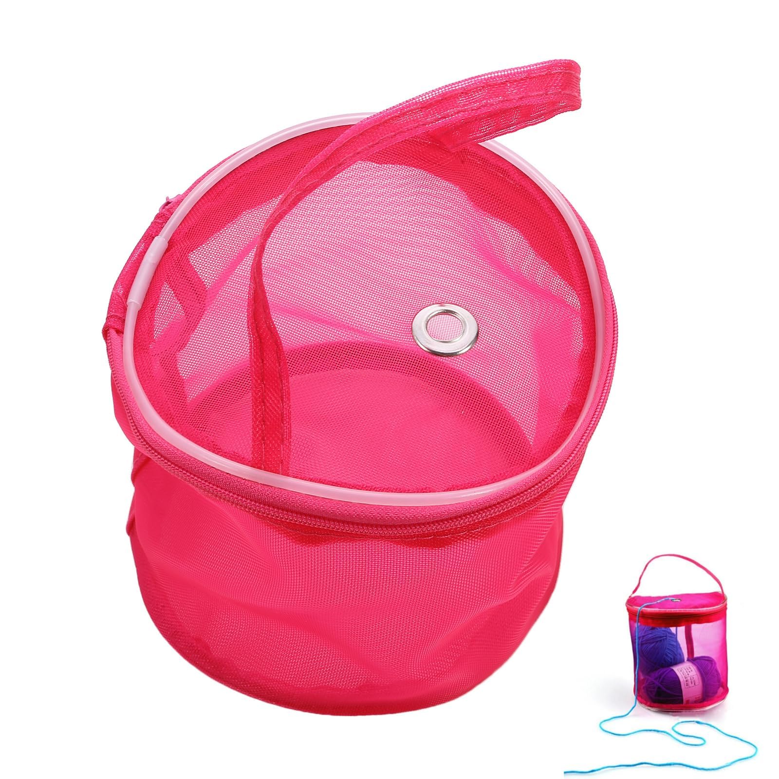 Wool Holder,Wool Holders When Knitting,Round Knitting Yarn Storage Basket Craft Tote Bag,Yarn Holder,Knitting Yarn Organizer,DIY Handmade Mesh Weaving Tools Storage Bag (Rose Red)