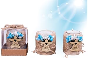 HAPPY TIMES FAVORS HTF Pack of 10 Wood Tealight Candle Holder Handmade Baptism Gifts for Boys Communion Favors for Guests First Communion Gift Baptism Candle Tealight Holders (Angel-Blue, Light Brown)