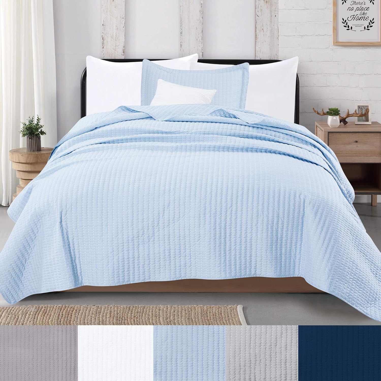 Shams. Baby Blue Twin Quilt Set 