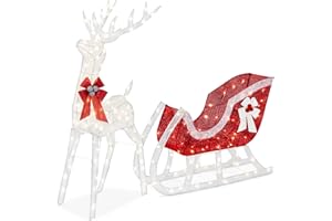 Best Choice Products Lighted Christmas 4ft Reindeer & Sleigh Holiday Outdoor Yard Decoration Set w/ 205 LED Lights, Stakes, Zip Ties - White