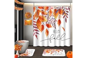 Tayney Hello Fall Shower Curtain Set with Toilet Lid Cover and Non-Slip Rugs, Autumn Leaves Orange 4 Pcs Shower Curtains for Bathroom, Watercolor Bathroom Set Decor