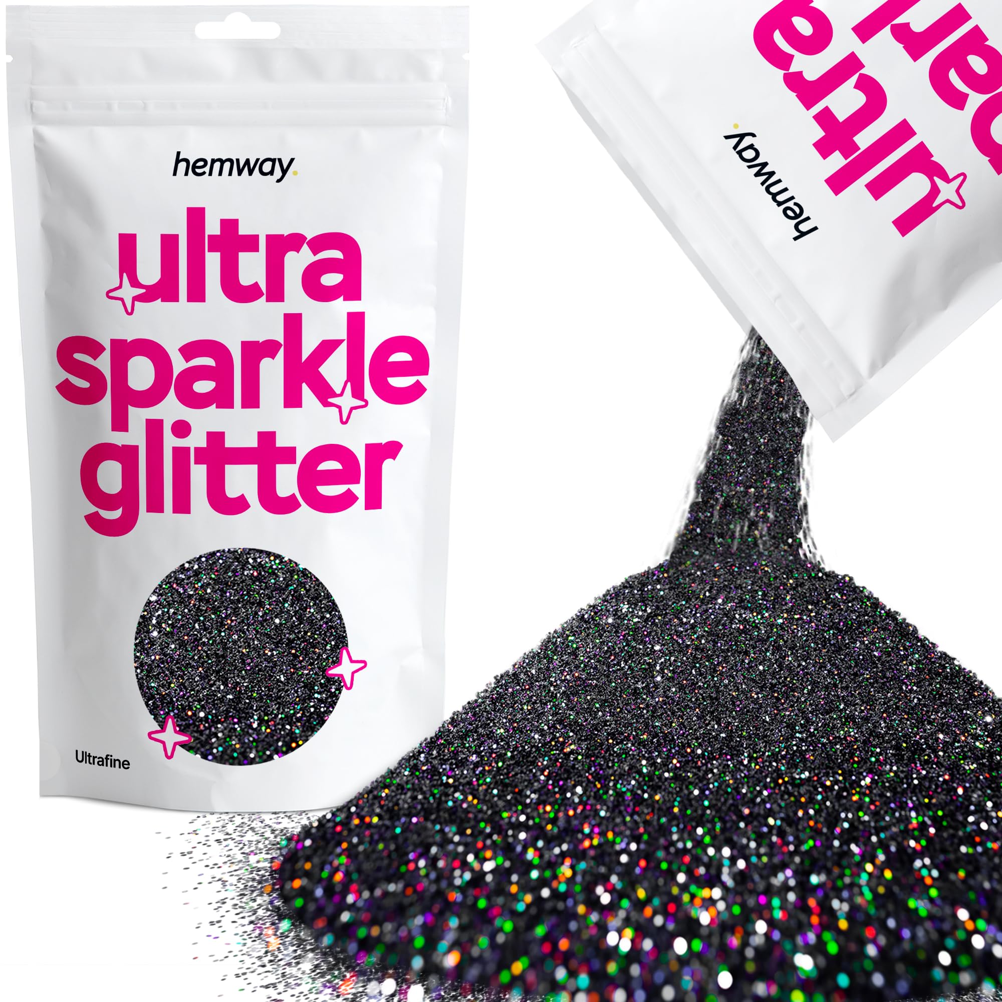 Hemway Ultra Sparkle Glitter Black Holographic 100g Ultrafine | Glitter for Arts & Craft, Makeup, Nail Art, Crafting, Card Making, Sparkle Decoration
