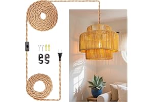 LUCORUSC Hanging Light Ceiling Lamp Pendant Lights Rattan Hanging Lamp with Plug in Cord for Living Room Bedroom Kitchen Indoor Hanging Lamp Plug in Woven Lampshade