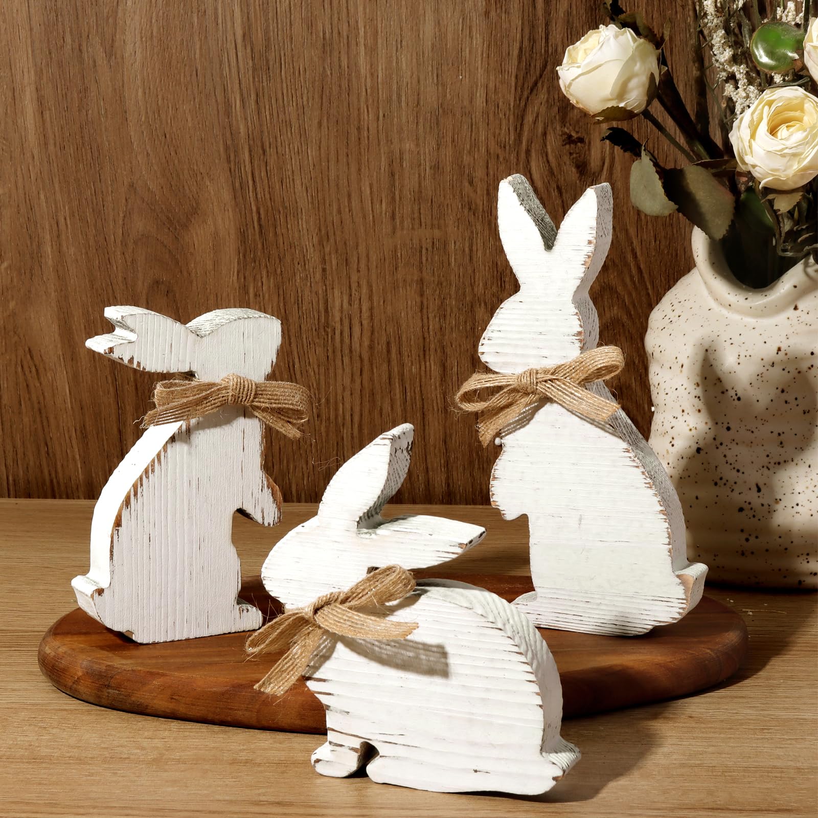Easter Decorations: 3 Pcs Rustic Bunny Wooden Table Centerpiece Signs White, Farmhouse Wood Decor Tiered Tray for Home, Vintage Gifts