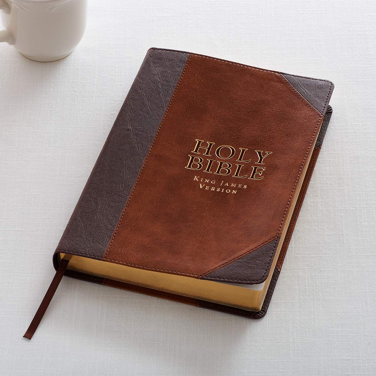 KJV Holy Bible, Thinline Large Print Faux Leather Red Letter Edition Ribbon Marker, King James Version, Brown Two-tone (KJV Thinline LP Editions) KJV Holy Bible, Thinline Large Print Faux Leather Red Letter Edition Ribbon Marker, King James Version, Brown Two-tone (KJV Thinline LP Editions) Imitation Leather