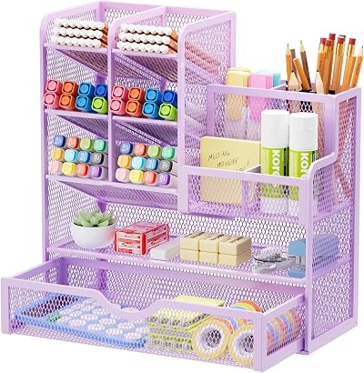 Marbrasse Mesh Desk Organiser Multifunctional Pen Holder Purple 26x23x10 cm