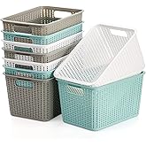 WUWEOT 9 Pack Plastic Storage Basket Bins Organizer, Cabinet and Shelf Basket with Handle,10" L x 6.8" W x 5.5" H, 3 Colors