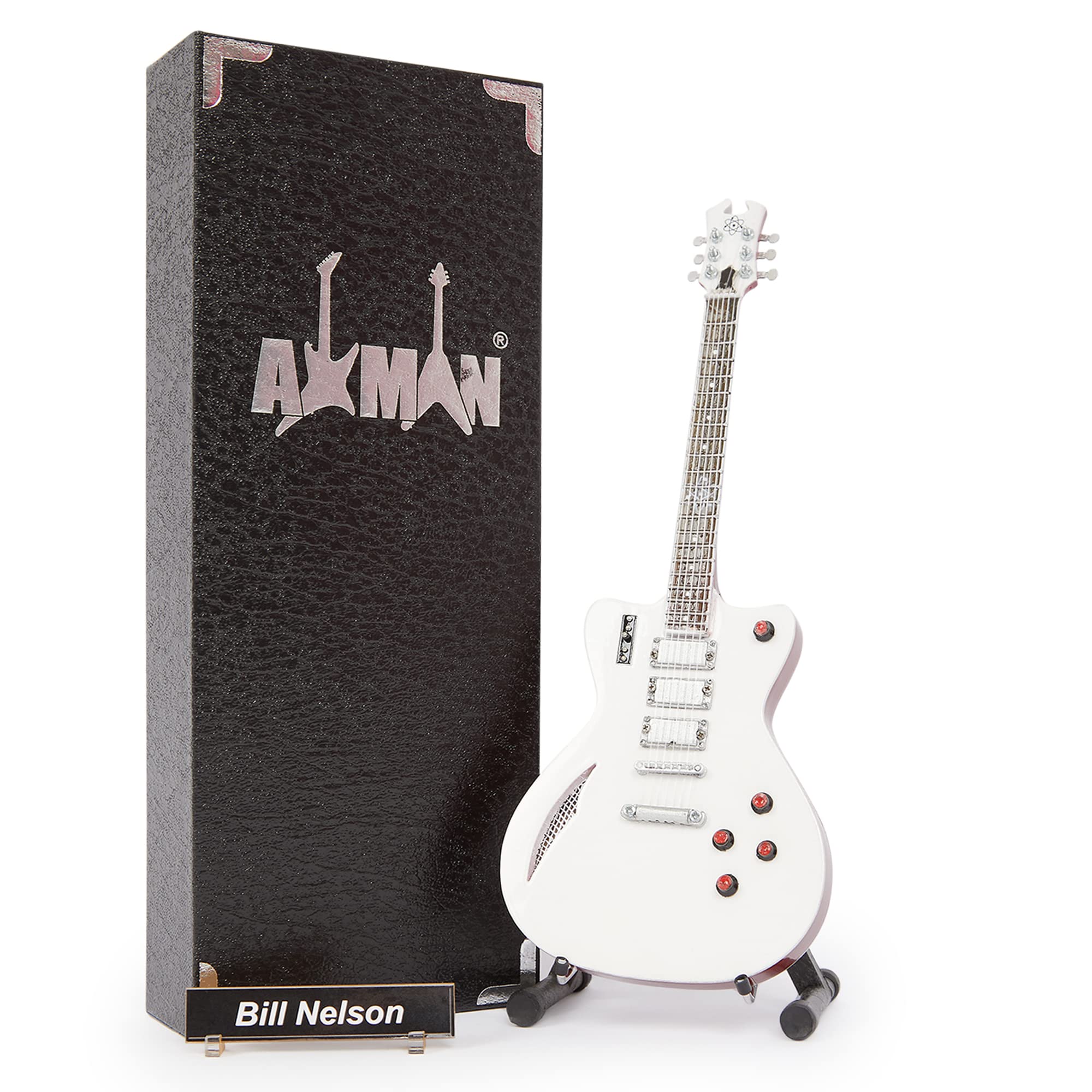 Bill Nelson (Be-Bop Deluxe) Eastwood Astroluxe Cadet - Miniature Guitar Replica - Music Gifts - Handmade Ornamental 1/4 Scale - Includes a Display Box, Name Tag and Miniature Guitar Stand