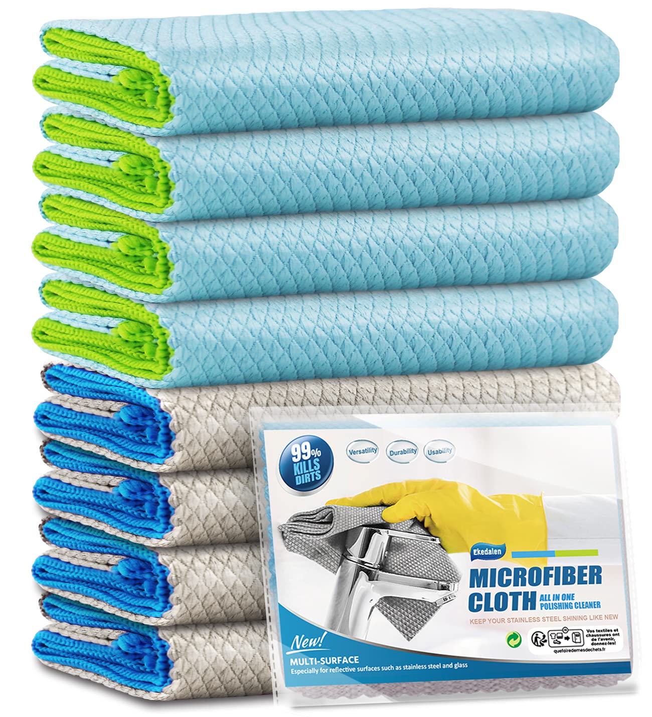 Ekedalen 8X Microfiber Cleaning Cloth, Glass Window Mirror Cloth for Streak Free Lint Free Magic Shiny Polishing Buffing, Dish Cloth for Washing Drying Home Kitchen Bathroom Car, Fishscale Tea Towel