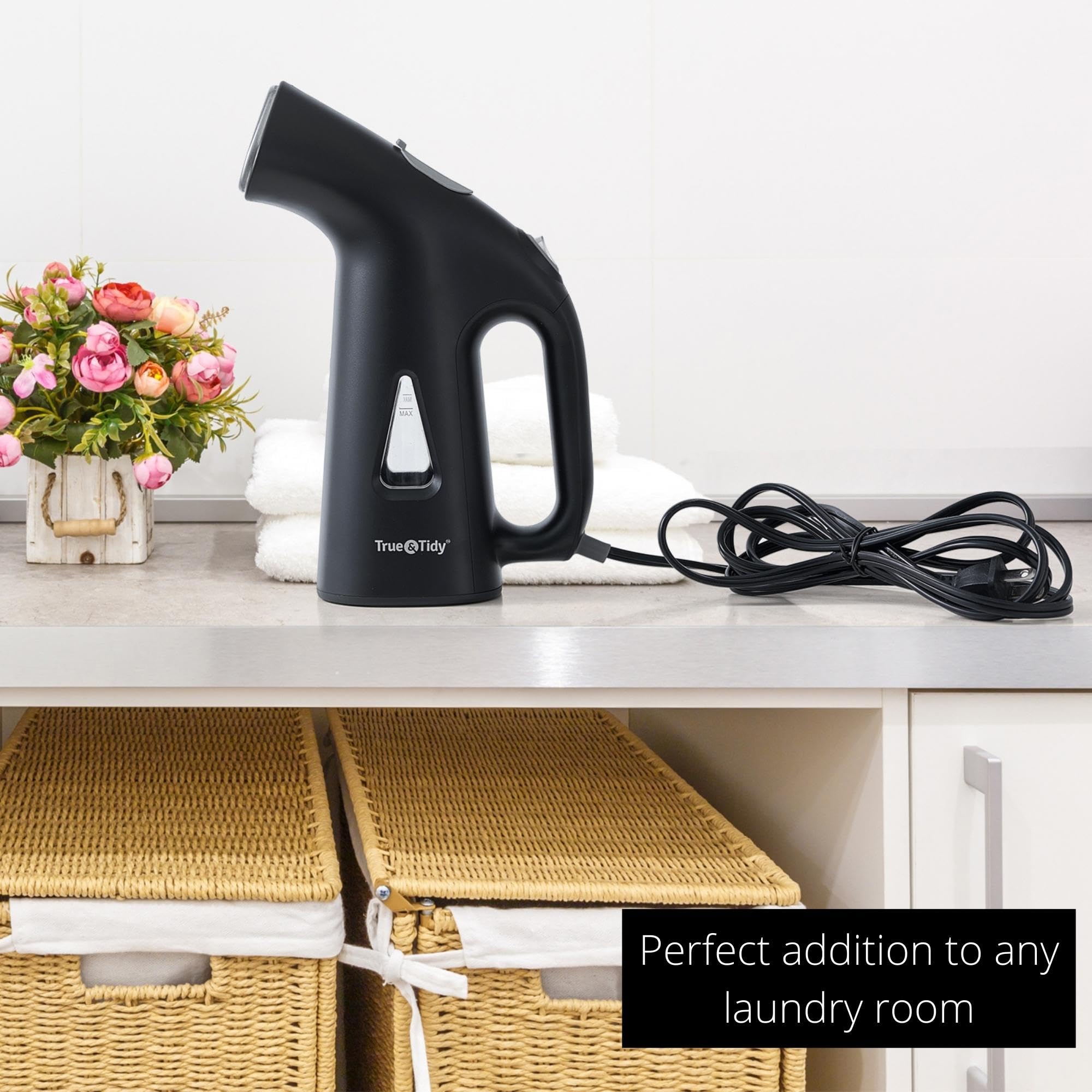 True & Tidy® Steamer for Clothes, Portable Handheld Garment Fabric Wrinkles Remover, Auto-Off, 800 watts of steam, Stainless Steel Steam Plate, Black