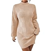 Pink Queen Women's Mock Neck Sweater Dress 2025 Lantern Long Sleeve Loose Plaid Cocktail Party Knit Mini Dress Outfits