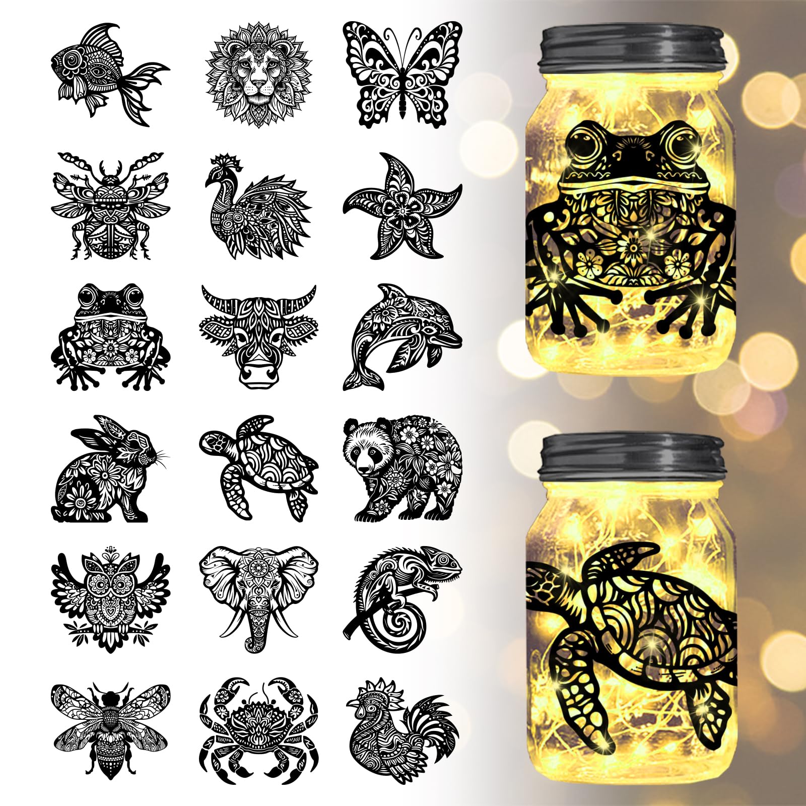 GLOBLELAND 18 Sheets Mandala Animals Rub on Transfer 3.9x3.6inch Fish Rabbit Butterfly Home Decals Elephant Cattle Cup Transfer Decals for Furniture Vase Glass Decorations Art Crafts Decorations