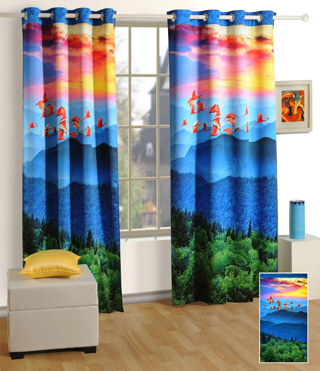 Swayam Colorful Digital Printed Window Curtain (1PC) - Faux Silk Fabric with Eyelets for Easy Hanging and 100% Blackout - Dark Blue