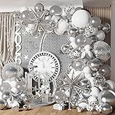 Disco Silver and White Balloon Garland Arch Kit with Disco Balls Exploding Star Foil Balloon for Adult Birthday Dancing Decor Graduation Party New Year Eve 2026 Decoration