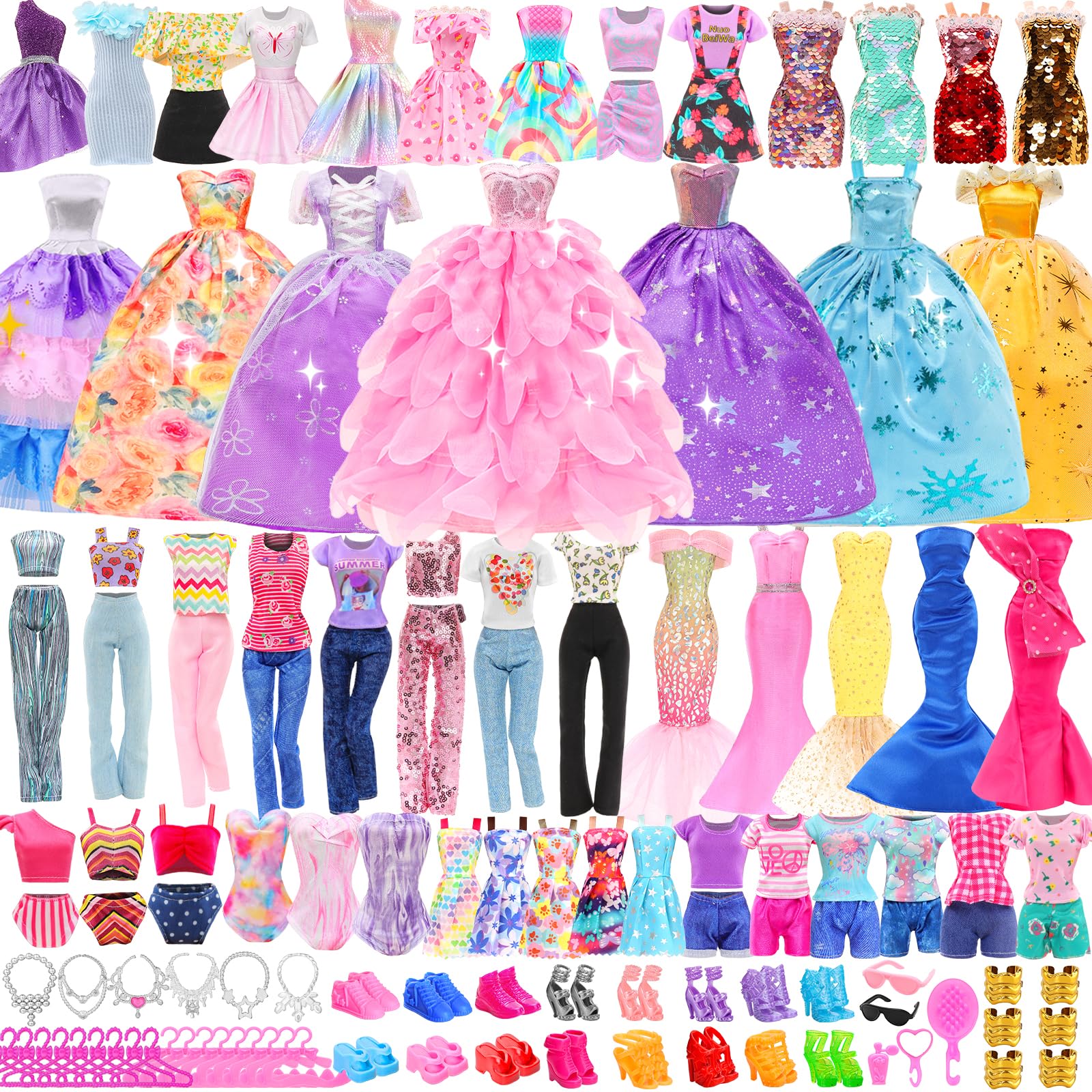 80 PCS Doll Clothes and Accessories 5 Wedding Gowns 9 Fashion Dresses 3 Tops 3 Pants 1 Evening Dresses 2 Swimsuits Bikini 20 Hangers 18 Shoes and 22 Accessories Toys for 11.5 inch Doll