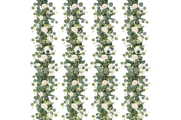 TOCHGREEN 4 Pack 24Ft Artificial Eucalyptus Flower Garland with White Roses, Fake Rose Flower Greenery Garland Floral Vines f
