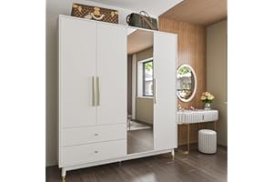 Homsee 4-Door Wardrobe Armoire with Mirror, Drawers, Shelves & Hanging Rods, 63” Wooden Closet Storage Cabinet with Metal Handles for Bedroom, White