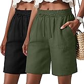 LessonZoo 2 Pack Women's Linen Bermuda Shorts Casual Wide Leg Ruffle High Waisted Drawstring Summer Shorts with Pockets