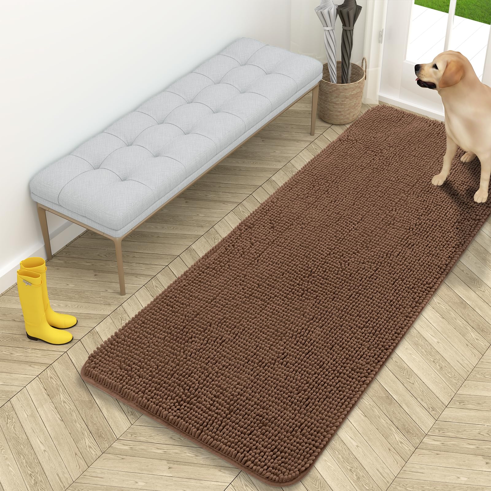 OLANLY Dog Door Mat for Muddy Paws 59x24, Absorbs Moisture and Dirt, Absorbent Non-Slip Washable Doormat, Quick Dry Chenille Mud Mat for Dogs, Entry Indoor Entryway Carpet for Inside Floor, Mocha Image