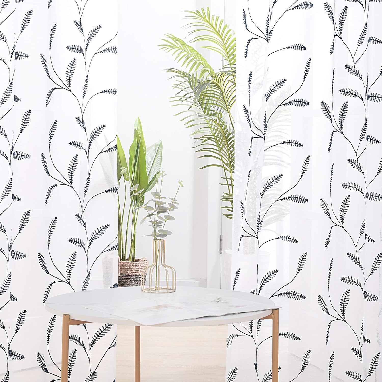 Deconovo Linen Look Sheer Curtains Super Soft Eyelets Net Curtains Plain Embroidered Wheat Ears Floral Voile Curtains for Doors 55 x 71 Inch Navy Blue Two Panels - Image 3