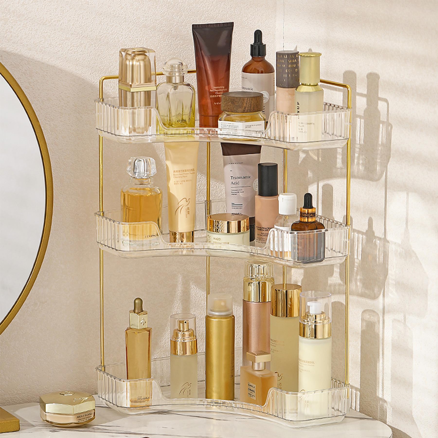 Photo 1 of Aveniee Corner Bathroom Counter Organizer, Bathroom Countertop Shelf Makeup Storage, Clear Perfume Tray Holder (3 Tiers, White)
