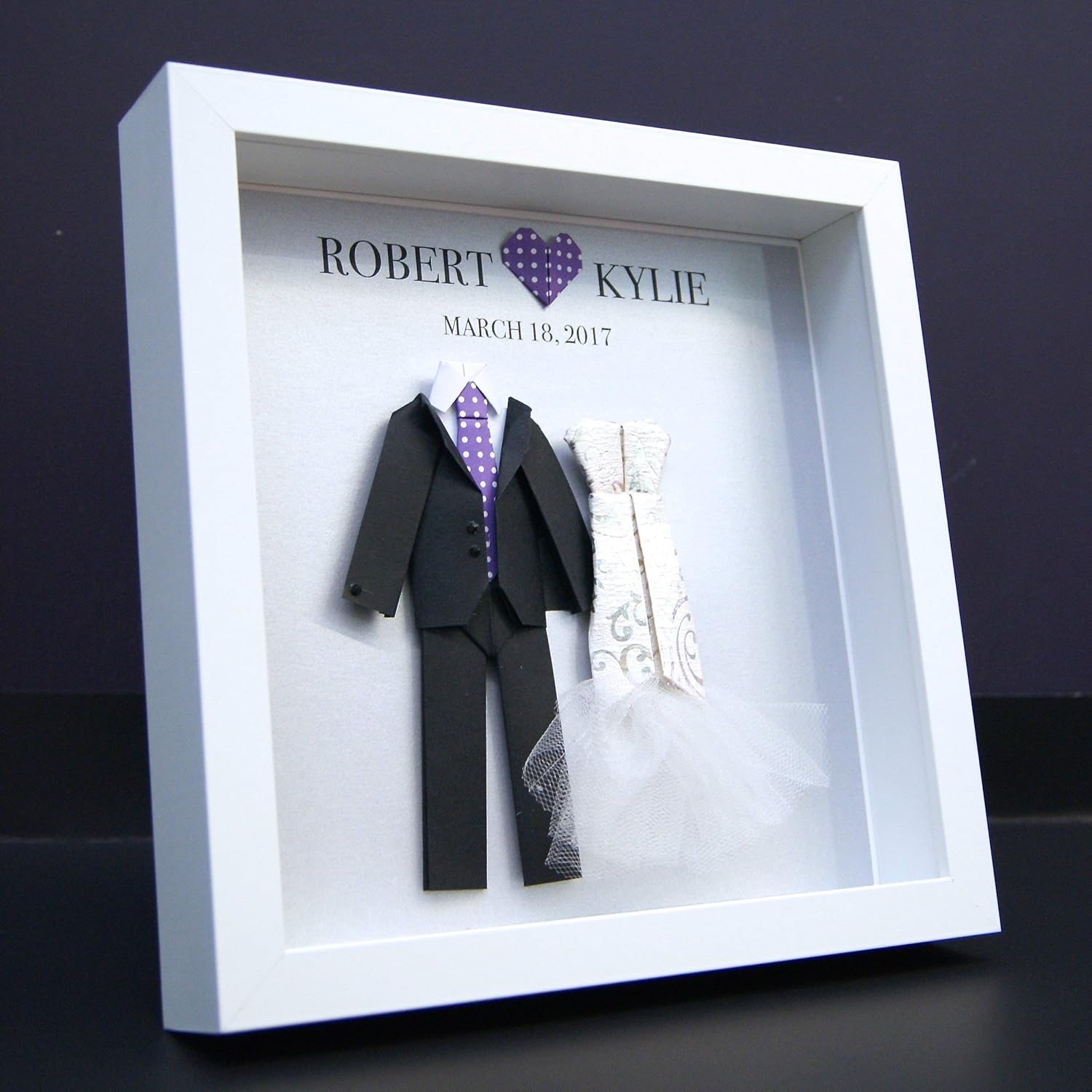 Mixed Media - Personalized First Anniversary Gift, Paper Anniversary Gift, Wedding Gift, Paper Origami Bride & Groom Frame Wall Art Decor