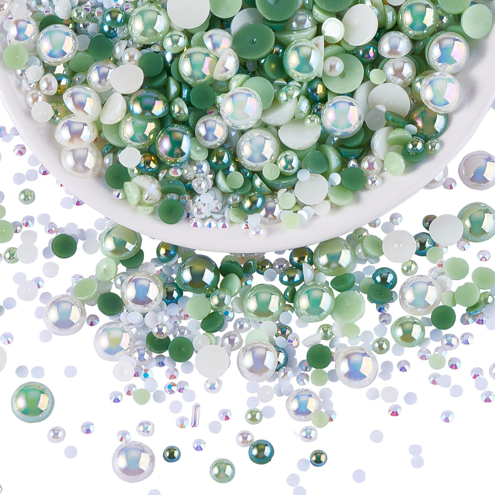 BEEFLYING 60g Mix Flatback Pearls & Resin Rhinestones Half Round Pearl Beads for Crafts 3mm-10mm Half Pearl Rhinestone for Face Art Tumblers Bottles Clothes Gift Card Jewelry Decor(Green)