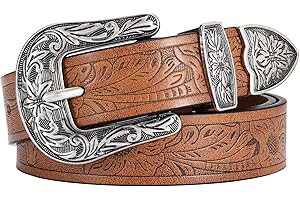 SANSTHS Western Belt For Women, Womens Cowboy Belt For Pants Jeans With Vintage Floral Carved Design