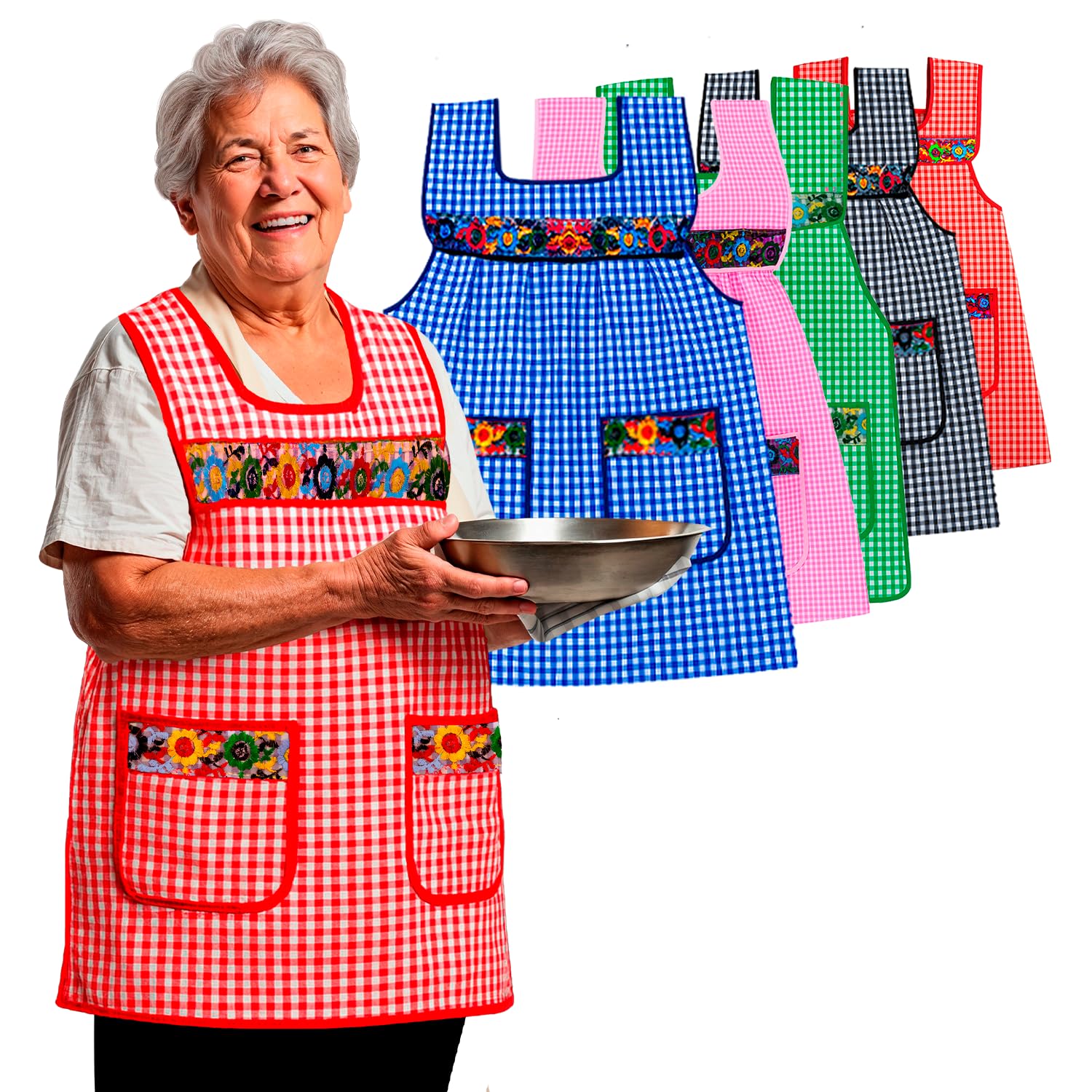 Photo 1 of Cuitáxi Traditional Mexican apron for women with pockets beautiful flower embroidery One size - Mandiles para mujer mexicanos mandil Red