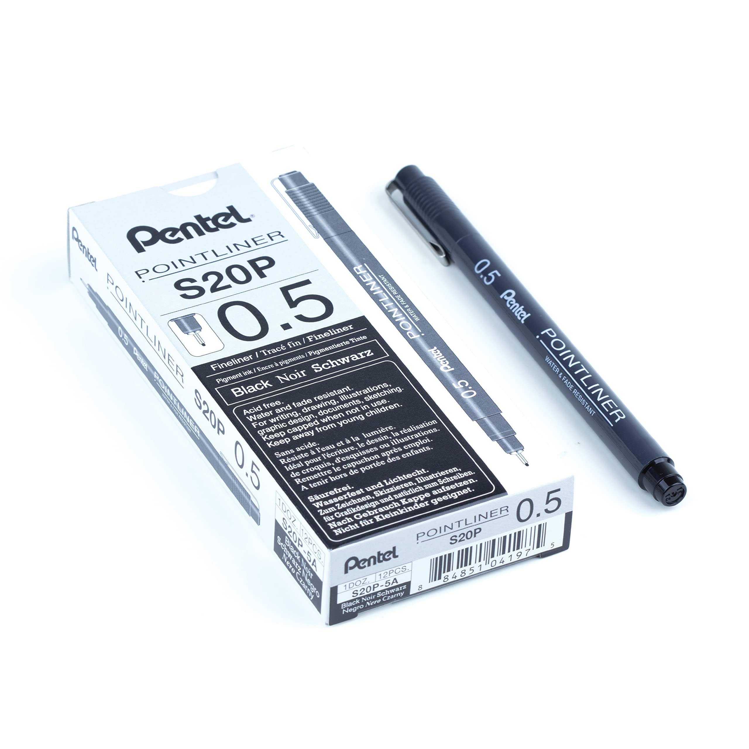 Pentel Arts Pointliner, 0.5mm Tip, Black Pigment ink, Pack of 12 pens