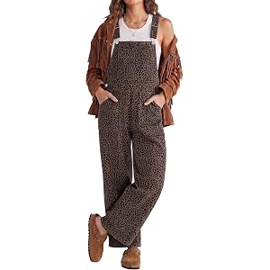 luvamia Leopard Jumpsuit for Women Loose Wide Leg Baggy Denim Jean Overalls | Cheetah Print Jumpsuit, Leopard Animal Print, L