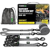 Rhino USA Ratchet Straps Heavy Duty Kit (2-Pack) - 1.6 Inch x 8 Feet Min Break Strength (5,000) - Ultimate Tie Down Straps with Safety S Hooks for Trucks, ATV, UTV, Motorcycle, Cargo & More - Blue